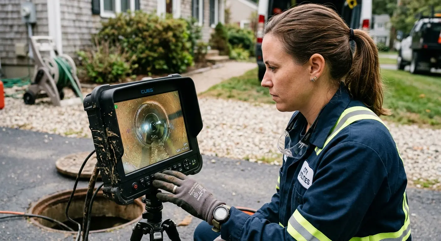 Technician reviewing sewer camera inspection footage in Dryden