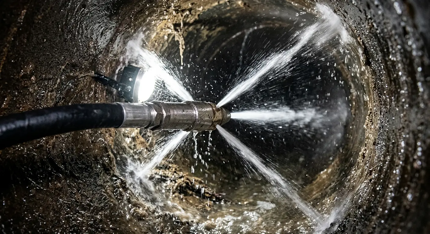 High-pressure hydro jetting nozzle cleaning sewer pipe for Sewer Cleanout in Dryden