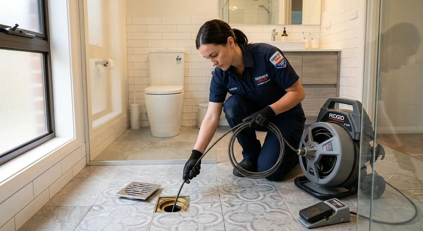 Technician clearing a bathroom floor drain for Sewer Line Installation in Dryden